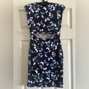 Popular 21 Beautiful Navy Butterfly Print Dress with Midriff Slit Sz Med EUC